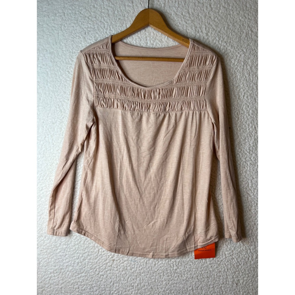 Tankaneo Womens Long Sleeve Smocked Bodice Top Khaki Peach Size M H5N929